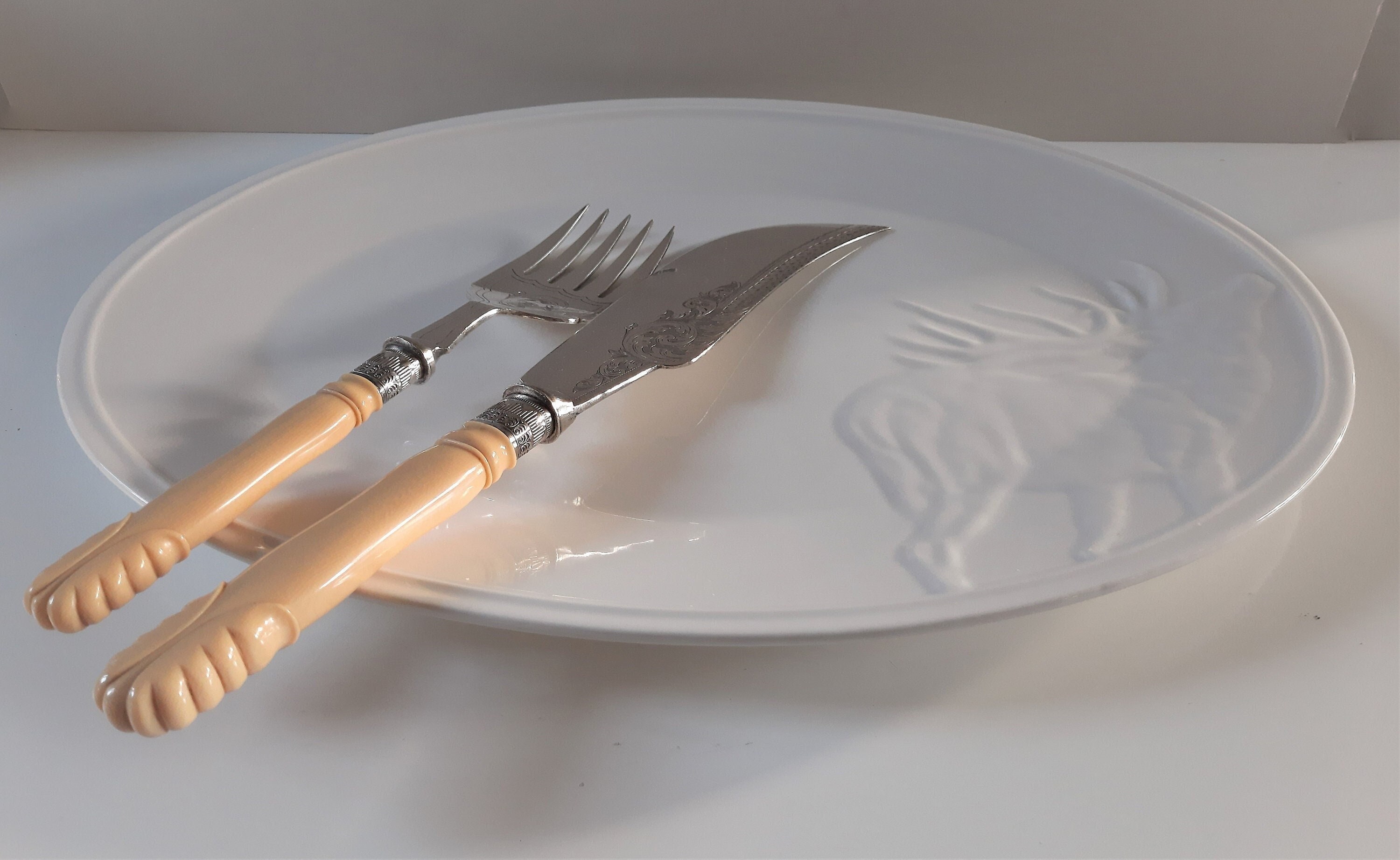 Antique Silver Plated Set of Fish Knife and Fork Servers with Bakelite Handles