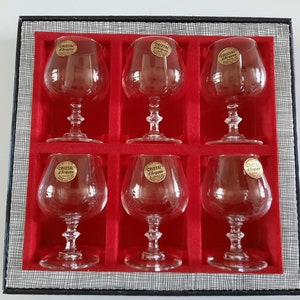Vintage French Cristal D&#39;Arques, Boxed Set of Six Small, Stemmed, Lead Crystal (24% PBO) Cognac/Brandy Glasses