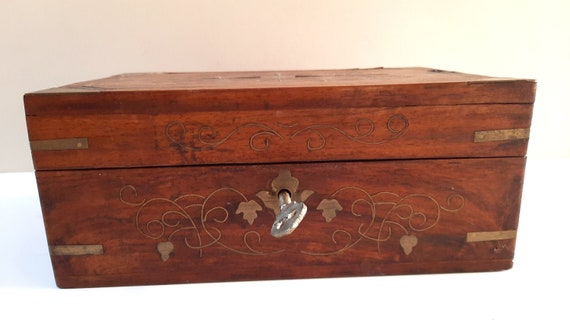 Vintage Indian Wood Jewellery Box with Brass Inla… - image 6