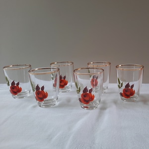 Precioso juego vintage de seis vasos de chupito/licor con estampado floral de rosas rojas kitsch