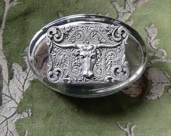 Vintage Oval Paperweight Fine Pewter and Glass, Heritage Metalworks Alaska, Buffalo Design