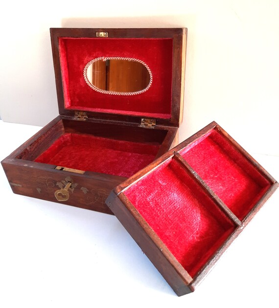 Vintage Indian Wood Jewellery Box with Brass Inla… - image 3