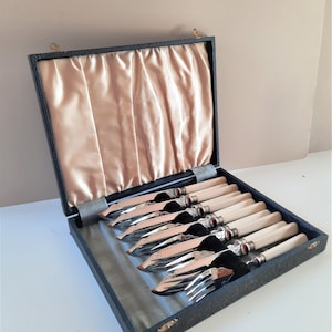 Lovely Vintage Boxed Set of 6 Pairs of Chrome Plated Fish Knives and Forks in Original Case