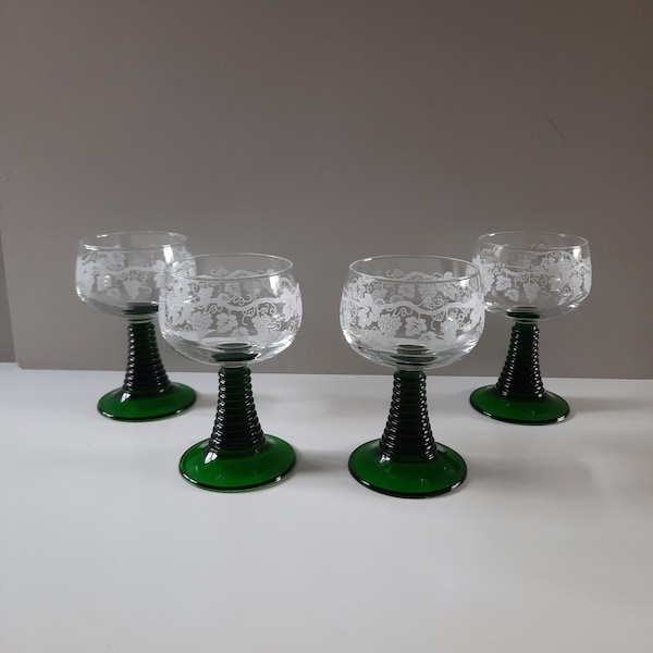Lovely Mid Century Set of Four Large Roemer Wine Glasses, Emerald Green Stem & Base, Etched White Grapevine Pattern