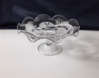Lovely Vintage Patterned Footed Clear Pressed Glass Cake Stand with Scalloped Edge
