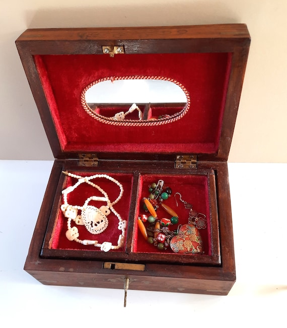 Vintage Indian Wood Jewellery Box with Brass Inla… - image 2