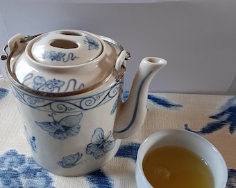 Lovely Vintage Chinese Ceramic Teapot with Blue Butterfly Pattern and Sliver Alloy Handles