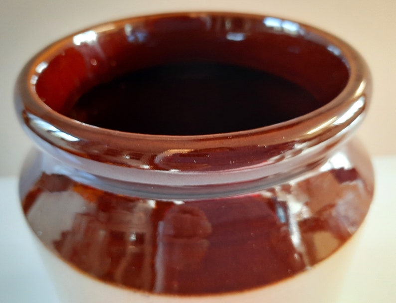 Peut inclure: Un pot en c&eacute;ramique brun avec un bord large et arrondi. Le pot a une finition brillante et est vide.