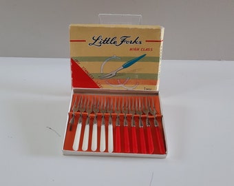 Vintage Boxed 'Little Fish - High Class' Cocktail Forks/Picks with Red/White Plastic Handles, Hors d'Oeuvres Picks