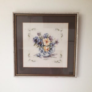 Lovely Vintage Framed Floral Bouquet Tapestry Needlepoint, Country Home Decor