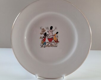 Cute Small Vintage Ceramic Children&#39;s Plate - Three Animal Characters on Parade in Bearskin Hats