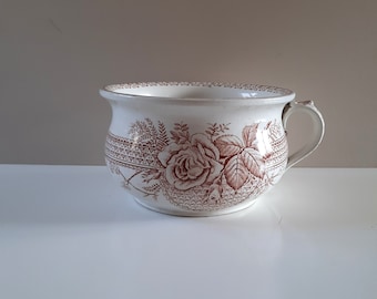 Antique Vintage British Anchor Chamber Pot, Rose Design - Brown Floral Pattern on Cream, Circa Early 20th Century