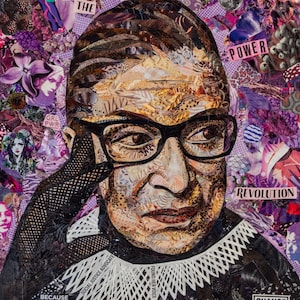 May include: A collage portrait of a woman with glasses, a white collar, and a black background. The collage is made of various images and textures, including flowers, fabric, and text. The text includes "Join the Revolution", "Power", "Social Justice Advocate", "Because I'm a Woman", and "Change is Good".