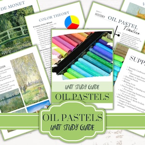 Könnte beinhalten: Ein Studienleitfaden für Ölpastelle, mit einem Farbkreis, einer Zeitleiste der Geschichte der Ölpastelle, einer Materialliste und Bildern berühmter Gemälde von Claude Monet und Van Gogh. Der Leitfaden enthält Anweisungen zur Farbtheorie und Übungseinheiten.