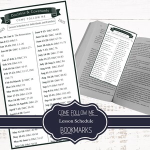 May include: A black and white printable bookmark with a lesson schedule for the Doctrine and Covenants for individuals and families. The bookmark includes dates and scripture references for each week of the year 2025.