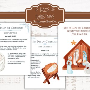 Puede incluir: Un folleto de Escrituras de 12 días de Navidad imprimible para familias. El folleto presenta ilustraciones de acuarela de la escena de la Natividad y texto de la Biblia.