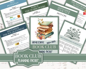 May include: A green and white printable planning packet for a homeschool book club. The packet includes a recommended reading schedule, sign-up sheets, and activity ideas for each book. The cover features a stack of vintage books with autumn leaves and flowers.