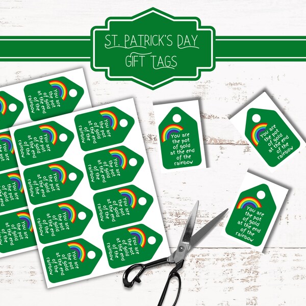 Green/Rainbow St. Patrick's Day Gift Tags, Set of 8, Cute Irish Themed Present Labels