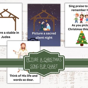 May include: A green and white flip chart with the words "Picture a Christmas Song Flip Chart" in a white circle. The chart has four panels with illustrations and text about the Christmas story. The text includes "Picture a stable in Judea", "Picture a sacred silent night", "Sing praise to Him, remember Him", and "As you picture Christmas this year."