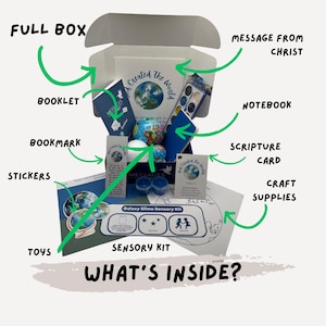 May include: A white box labeled "FULL BOX" containing various items. Includes a booklet, bookmark, stickers, toys, a notebook, scripture card, and craft supplies. The box also contains a "Galaxy Slime Sensory Kit" and two small globes. Text on the box reads "WHAT'S INSIDE?"