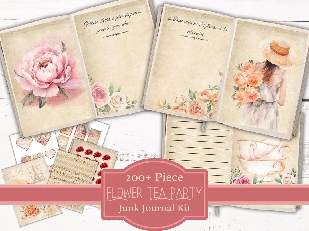Floral Teapot Junk Journal Kit: Shabby Chic Scrapbook Pages (digital ...