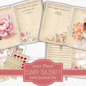 Pode incluir: Um kit de diário de sucata com mais de 200 peças com o tema de um chá de flores. O kit inclui páginas com ilustrações florais, texto escrito à mão e páginas pautadas. Também há vários elementos decorativos, incluindo corações, partituras musicais e xícaras de chá.