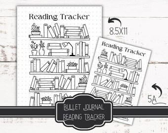 May include: Black and white printable bullet journal reading tracker with a bookshelf design. The tracker has a title that says "Reading Tracker" and a label that says "Bullet Journal Reading Tracker".