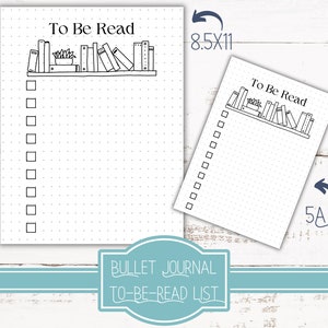Könnte beinhalten: Druckbare Bullet-Journal-Seite mit einem Bücherregal und dem Text "To Be Read" oben. Die Seite ist zum Auflisten von Büchern zum Lesen gedacht. Die Seite ist 21,6 cm x 27,9 cm groß.