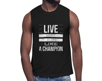 Juego de trabajo en vivo como un campeón hombres tanque muscular, tanque de entrenamiento, camiseta de tanque muscular, camiseta campeona, juego, deportes