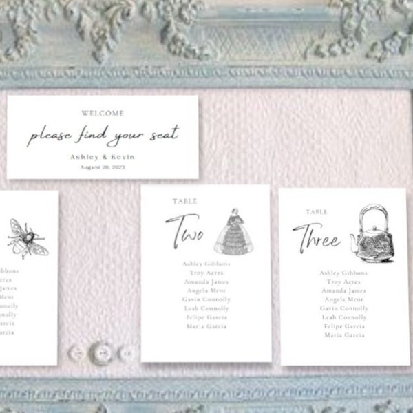 Regency table seating chart, wedding names, jane austen, reception print sign, find your seats, template edit, jewel bee butterfly luxe