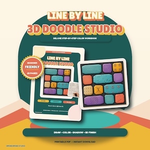 Peut inclure: Un cahier d'exercices numérique intitulé Line By Line 3D Doodle Studio, un guide de 60 pages pour débutants. La couverture présente des formes rectangulaires colorées avec diverses textures, motifs et spirales, ainsi que du texte détaillant les projets.