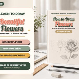 May include: A softcover workbook titled How to Draw Flowers with a graphite rose illustration on the cover. The book includes 12 flowers and 144 steps. Accompanying items include a wooden ruler, a black pencil, a silver mechanical pencil, and an eraser.