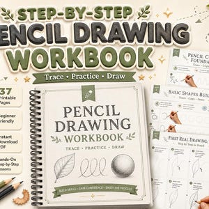 May include: A spiral-bound pencil drawing workbook with a cream cover featuring the text "Pencil Drawing Workbook: Trace, Practice, Draw" and illustrations of a leaf, loops, and a sphere. Includes 37 printable pages with step-by-step lessons.