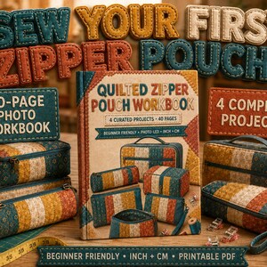 Peut inclure: Un manuel de couture Quilted Zipper Pouch Workbook de 40 pages avec 4 projets, accompagné de plusieurs trousses matelassées aux motifs bleus, orange et crème. L'ensemble inclut un mètre ruban et des bobines de fil sur une surface en bois.