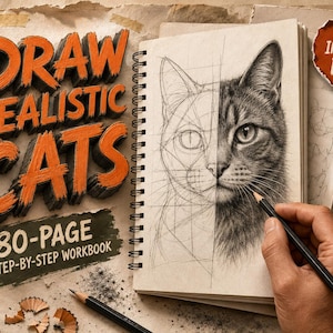 May include: An 80-page step-by-step workbook titled DRAW REALISTIC CATS, featuring a spiral-bound sketchbook with a graphite drawing of a cat face that is half geometric construction lines and half shaded fur, with a pencil held over the page.