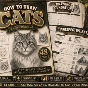 Può includere: Un quaderno di esercizi How to Draw Cats Deluxe con un'illustrazione realistica di un gatto in copertina, 48 pagine, lezioni passo dopo passo e formato PDF stampabile. Include fogli di pratica aggiuntivi per le basi del disegno e la prospettiva.