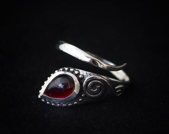Ring with Garnet, 925 Silver Ring, Red Garnet, Adjustable Ring, Thin Band, Ring with Red Teardrop Stone, Girl's Wedding Band