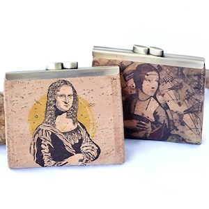 Monedero de corcho para amantes del arte de Leonardo da Vinci, con ilustraciones revisadas de la Mona Lisa y la Dama del Armiño