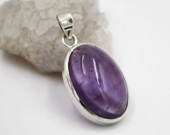 Pendente in Ametista, Ciondolo in Argento 925 e Pietra Viola, Collana in Ametista Naturale per lei, Pendente Ovale Grande, Gioielli Eleganti