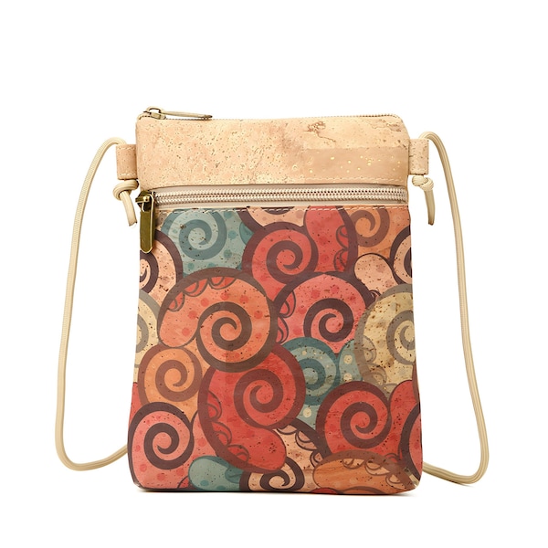 Umhängetasche aus Naturkork, Kleine Tasche mit Spiralmuster, Damentasche aus Naturleder, Accessoires aus veganem Leder