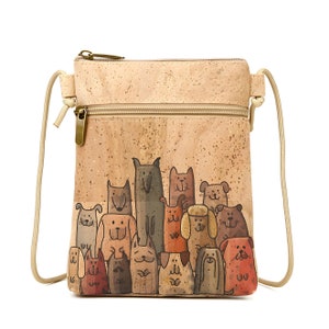Shoulder bag in natural cork, Small bag with sweet dog design, Women's vegan leather bag with lots of funny dogs