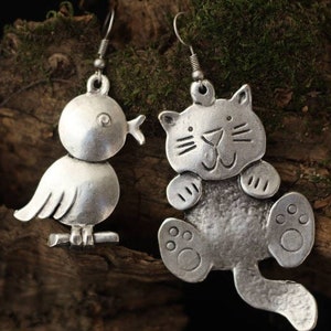 Maxi Pendant Earrings with Cat, Jewelry with Cat and Bird, Fun Accessories for Cat Lover, Cute Jewelery in Silver