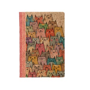 Quaderno in sughero naturale con simpatici gattini colorati e pagine bianche in carta riciclata, quanderno per scrivere pensieri e disegni