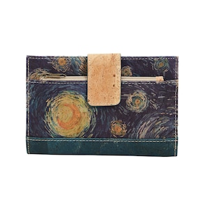 Carteira grande feminina com estampa Starry Night de Van Gogh, carteira espaçosa em cortiça natural - couro vegano