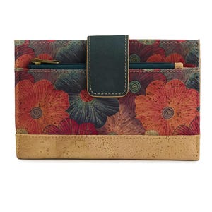 Cartera de corcho natural con estampado floral cálido, cartera grande para mujer con espacio para fotos y tarjetas