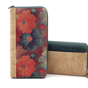 Cartera de corcho natural con estampado floral, ligera, compacta y espaciosa, con protección RFID