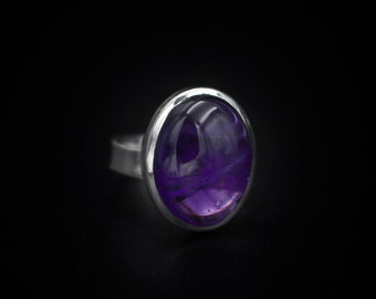 Maxi Anello in Ametista ovale e Argento 925, Gioielli in Argento e Pietra Viola, Anello con fascia Regolabile, Anelli con Pietra Grande