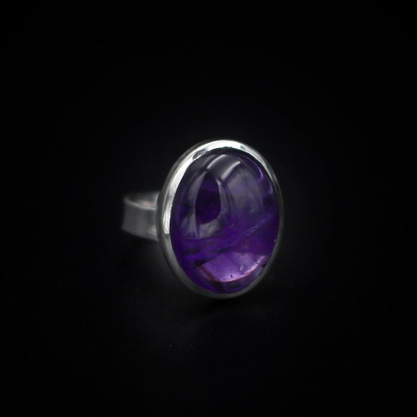 Maxi Ring in Oval Amethyst and 925 Silver, Jewelry in Silver and Purple Stone, Ring with Adjustable Band, Rings with Large Stone
