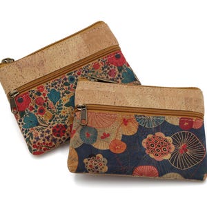Natural cork flower purses with sweet floral prints, three practical compartments with zip closure and key hook
