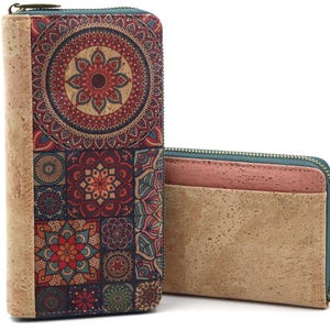 Cartera de mujer en corcho natural con estampado étnico de mandalas de colores, cartera compacta y espaciosa con cremallera, con protección RFID